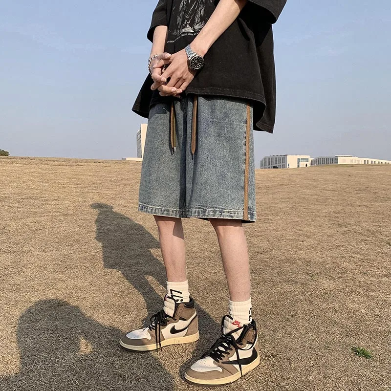 Side Striped Denim Shorts Men Wide Leg Baggy Drawstring Mid-waist Summer Fitness Handsome Slouchy Knee Length Japanese Style