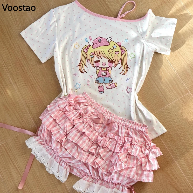 

Japanese Kawaii Lolita Style Shorts Sets Women Sweet Vintage Anime Polka Dot Print Off Shoulder T-shirts Plaid Bow Shorts Suits