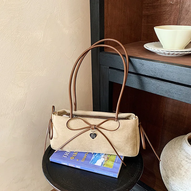 Women Vintage Suede Baguette Shoulder Bag, Retro Bow Decor Underarm Purse with Heart Charm, Long Thin Strap Ladies Daily Handbag