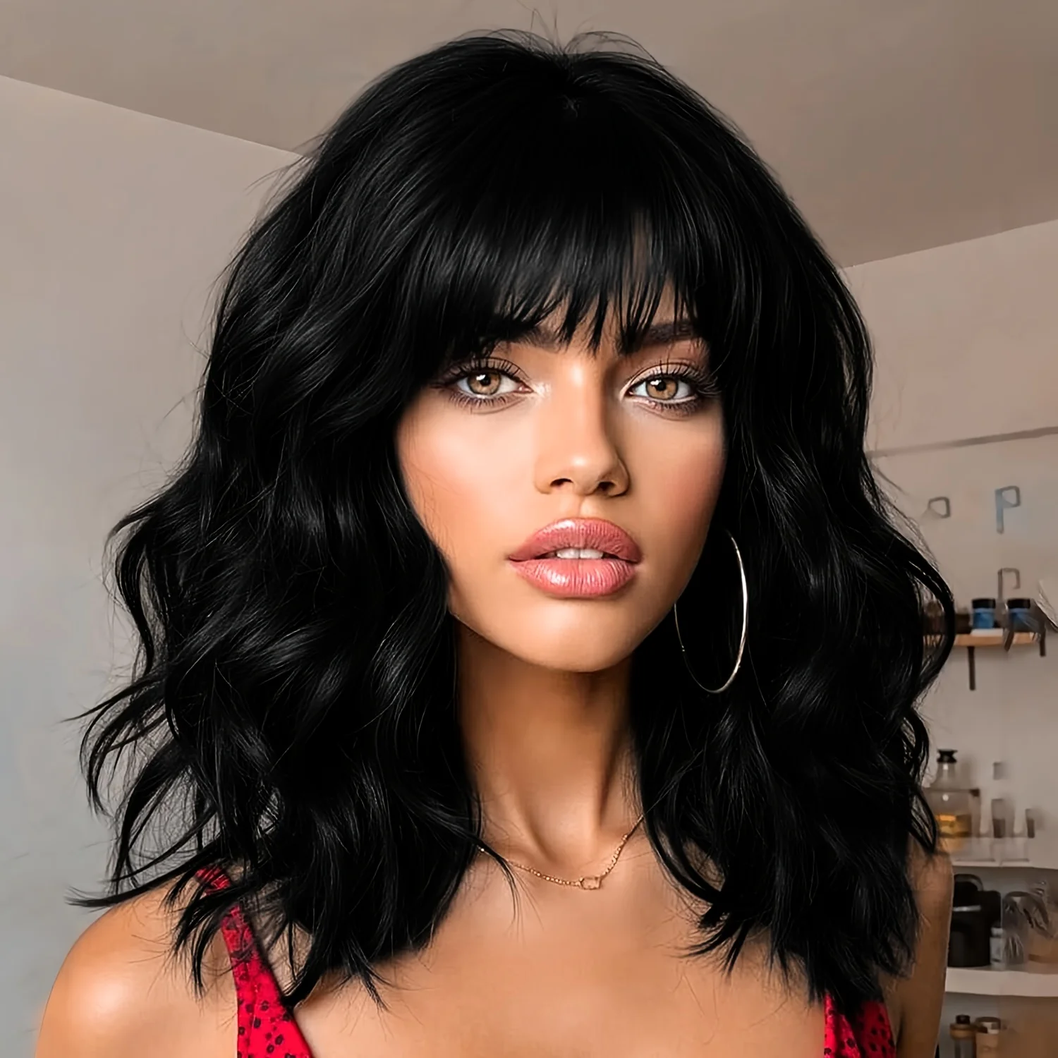 

Black Wig With Bangs Short Wavy Cury Bob Wig With Bangs Short Black Wigs For Women Synthetic Heat Resistant Wigs for Halloween C
