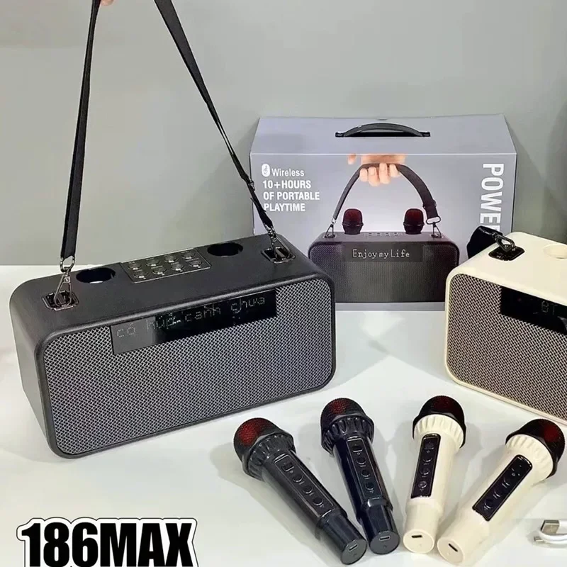 مكبرات صوت كاريوكي خارجية محمولة لاسلكية مزدوجة الميكروفون الكل في واحد نظام KTV المنزلي مع عرض الأغاني سمّاعات بلوتوث FM