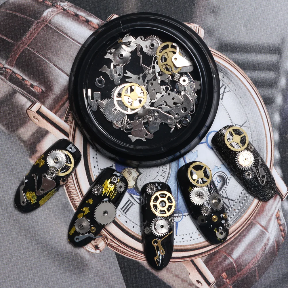 12 Mixed Designs 3D Gold Silver Metal Gear Nail Art Decoration Slice Beauty Gearwheel Foil Decals Nails Accessories 3