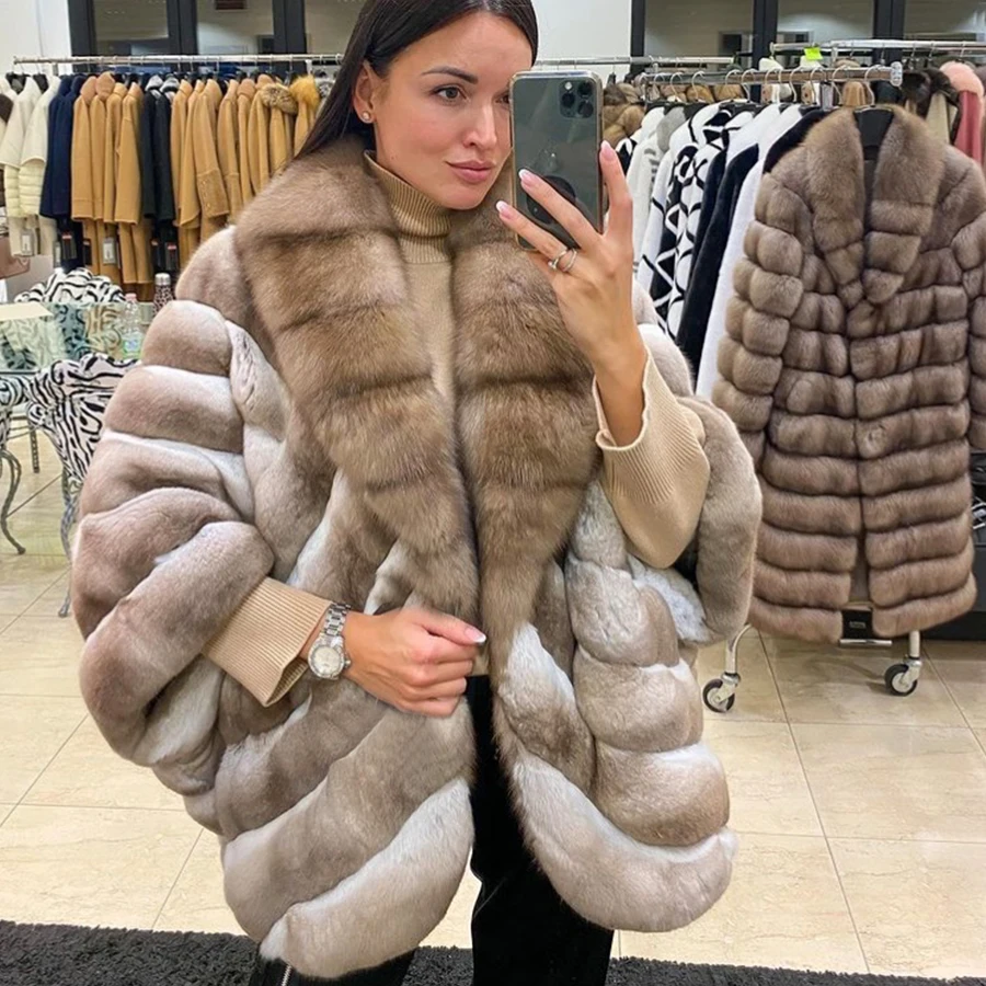 Real Rex Rabbit Fur Coat Chinchilla Fur Natural Fox Fur Collar Best Selling Winter Jacket Women Real Fur Coats