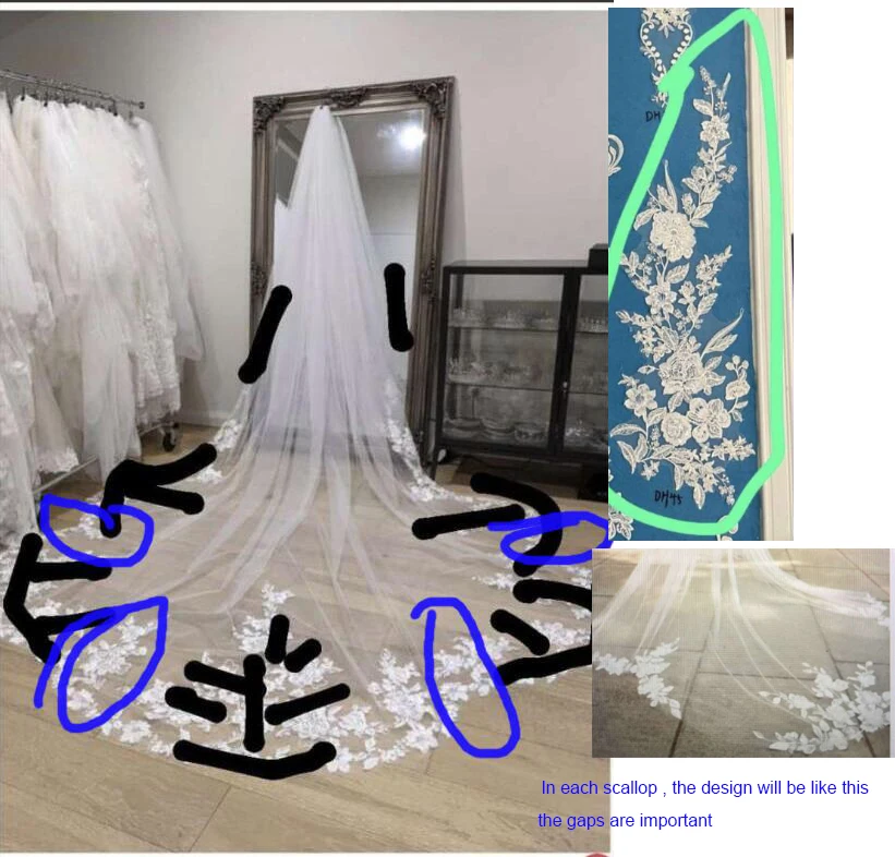 

3.5m long, single tier, normal comb, lace to elbow, deep cut lace, Tulle 6420, AM60