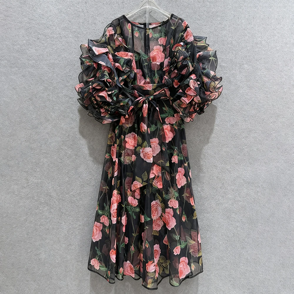 Plus Size Vintage Romantic Court Style Rose Print Bubble Sleeve Dress Women's Elegant Mid-length Gown