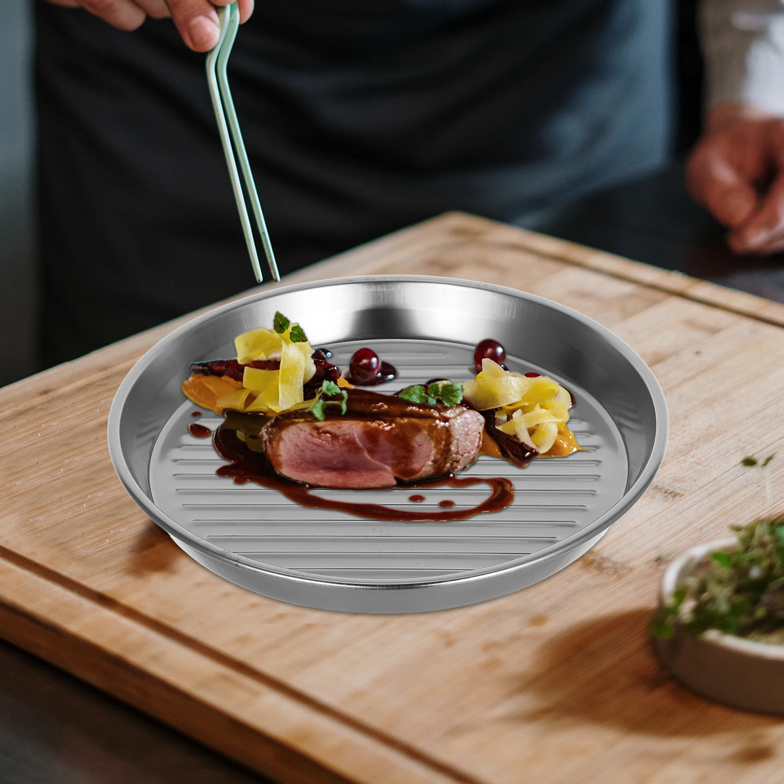 

Stainless Steel Round Plate 20Cm Silver No Ear Design For Bbq Seafood Steak Snacks Serving Utensil Outdoor Picnic Camping