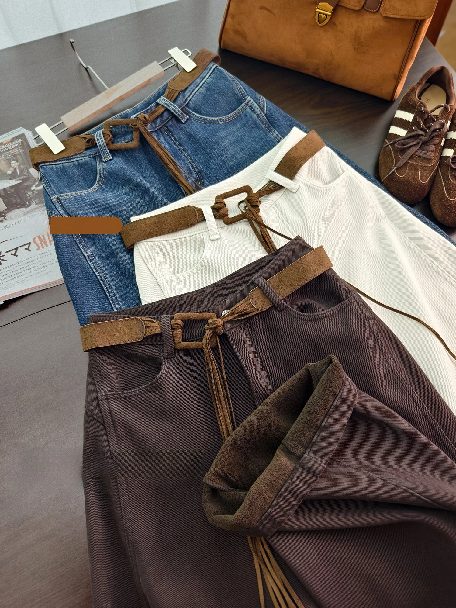 

Утепленные джинсы свободного кроя с бахромой и поясом на талии, повседневные женские джинсы для ежедневной носки