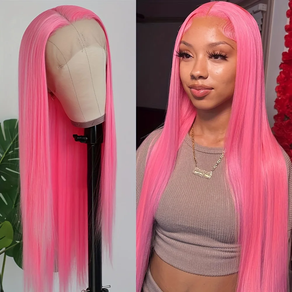 Pink Lace Front Wigs Human Hair Straight Lace Frontal Wig For Women 13x4  Transparent Pre Plucked Colored Pink Wig