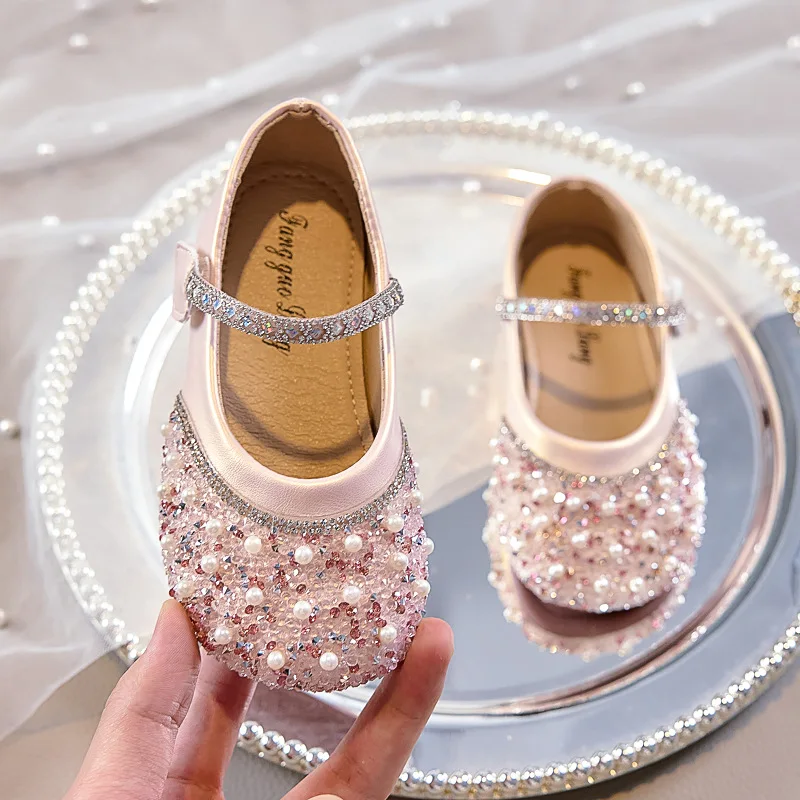 

Girls Pearl Rhinestone Mary Jane Flats Kids Bling Princess Shoes Toddler Wedding Party Dress Shoes