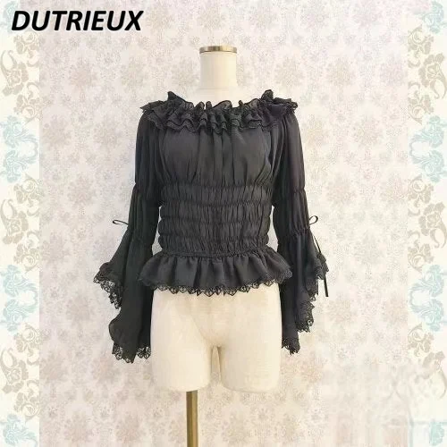 

Japanese Original Women's Cute Lolita Three-Quarter Sleeve Heavy Industry Shirt Spring Autumn New Solid Color O-neck Short Top