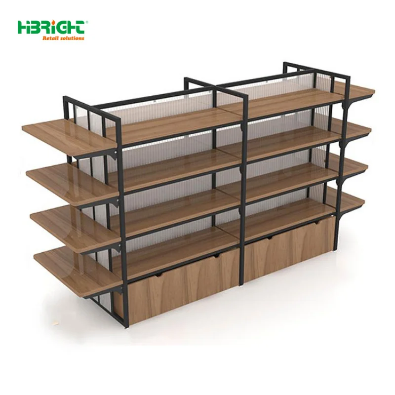 Custom. رف عرض مكون من 5 أرفف على الوجهين لتخزين النبيذ قابل للتخصيص شديد التحمل معدني وخشبي مع غطاء طرفي مزدوج