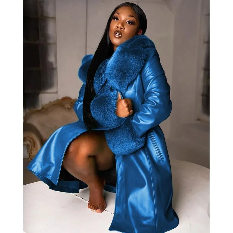 

Fur Collar Elegant Jackets Trench Zipper Women's Trend Fall Leathers Overcoats Winter Lapels Long-Cut Coat Pu Jacket Coats