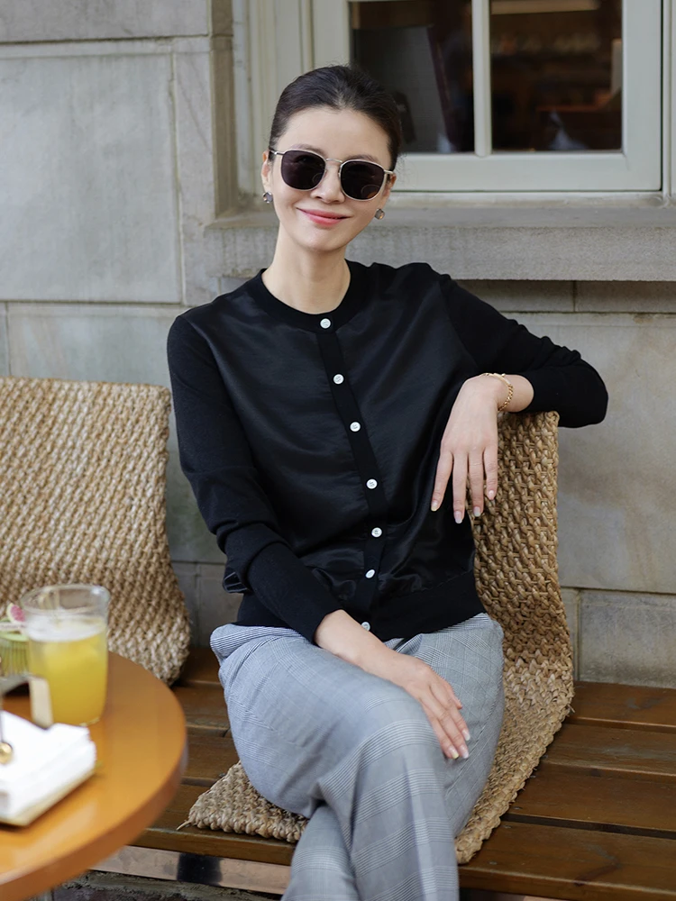

VESSI Gold President Morning Light And Evening Glow Silk Wool Blend Single Button Commute Slim Fit Knitted Open Cardigan