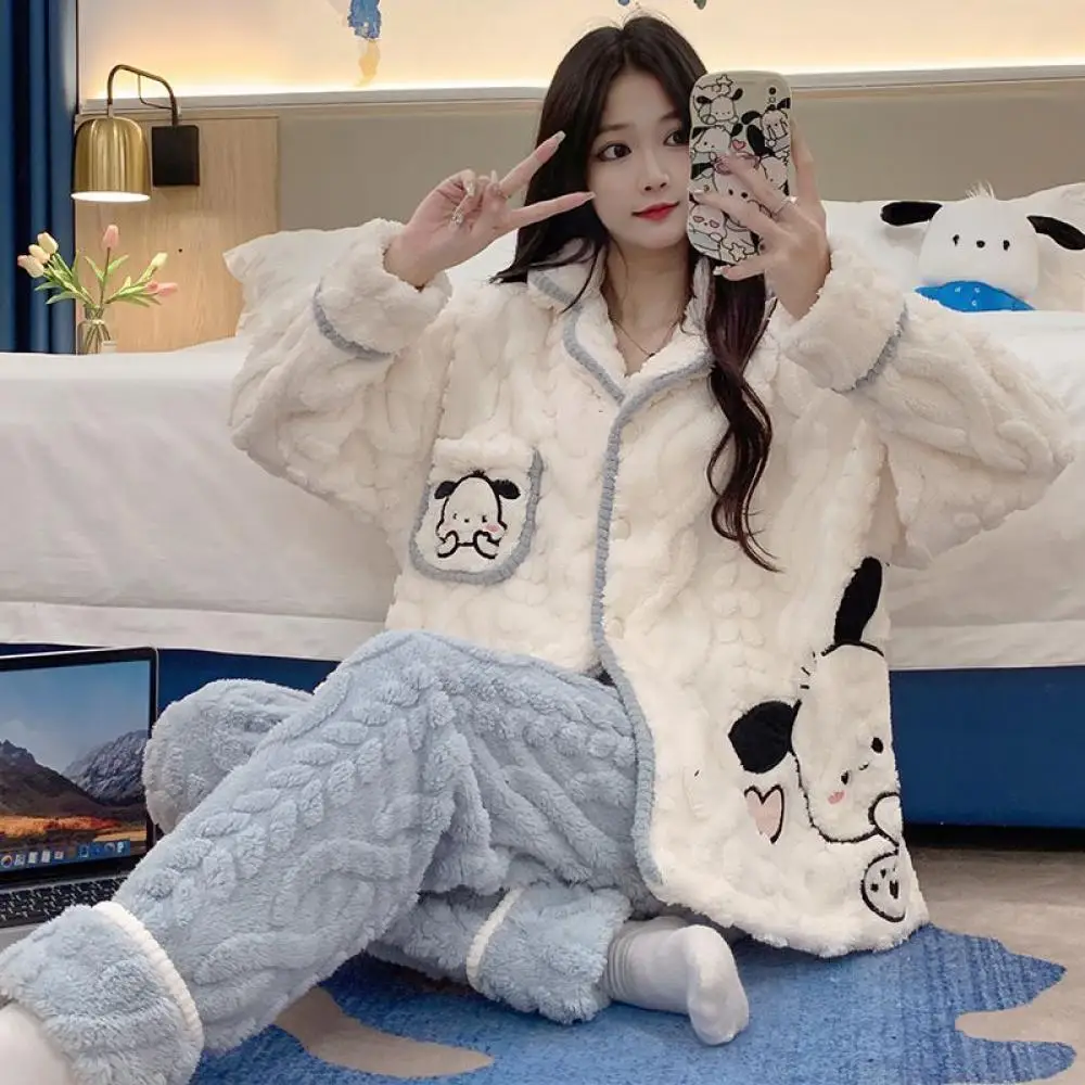 

Sanrio Kawaii Pochacco Women's Nightgown Cinnamoroll My Melody Anime Thickened Warm Coral Velvet Pajamas Autumn Winter Homewear