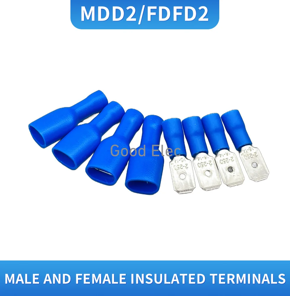 100pcs blue FDFD2-250*50 MDD2-250*50 16-14AWG Insulated flat Spade Wire Cable Connector Terminal male female terminal terminator