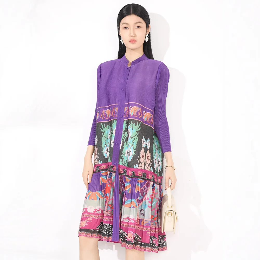 2025 ฤดูร้อน Retro ดอกไม้พิมพ์สบายๆกว้าง Pine STAND COLLAR SINGLE Breasted เกาหลีค็อกเทลผู้หญิง Elegant Dress