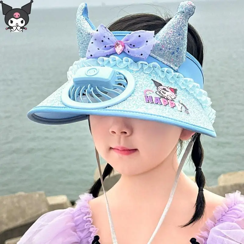 

Kuromi Children Sunscreen with Fan Hat Anime Cartoon Kawaii Princess Shiny Sanrio Outdoor Travel Big Hat Brim Summer Comfortable