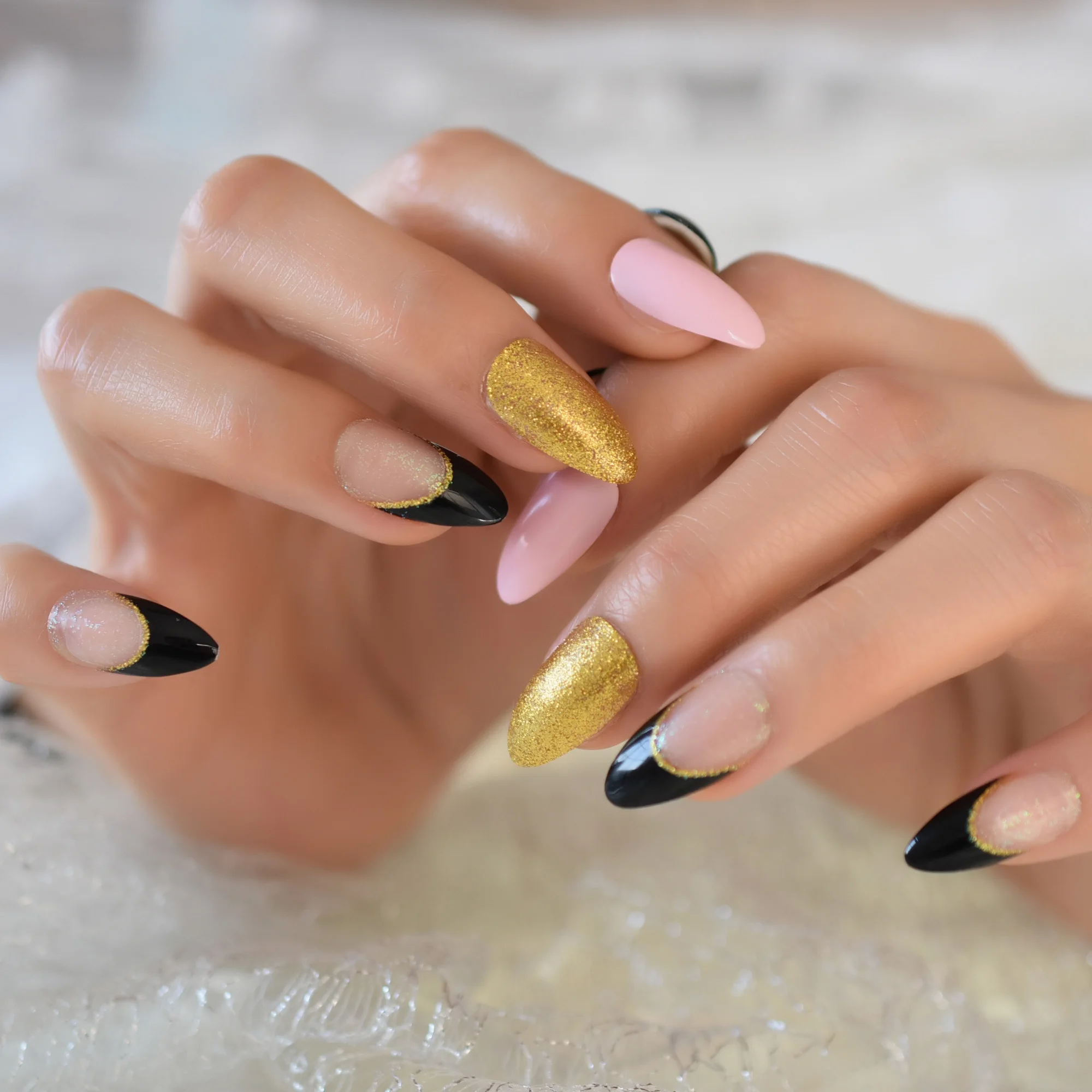 Gold Glitter Black Almond French False Press on Nails Pink Stiletto Finished Wearable Full Cover Fake Nail Tips for Girls