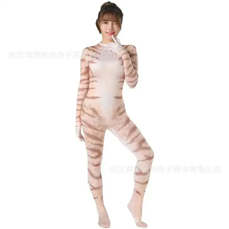Pakaian Cosplay Halloween Ketat Wanita Pola Hewan Kucing Cetak Tiga Dimensi 3D Transparan, Seksi, Klub Malam Ir;l5