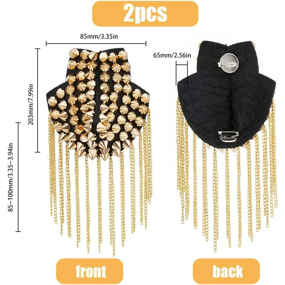 2Pcs Golden Rivet Tassel Epaulets Detachable Punk Style Chain Tassel Epaulettes Fringe Shoulders Boards Badge with Iron Pin