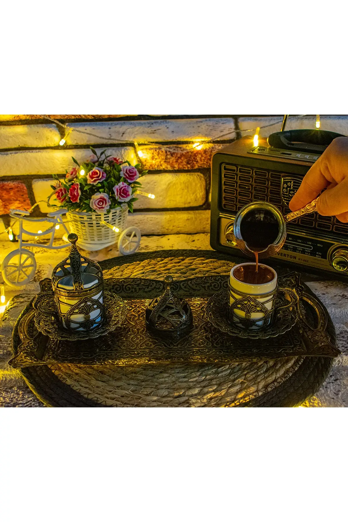 DOLBOVI Flat Tray And Copper Cezveli Coffee Set Green handmade espresso cup