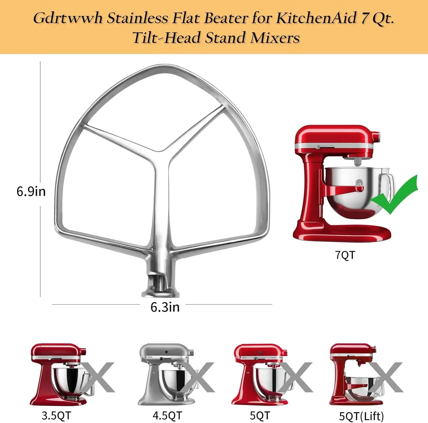 Stainless Steel Flat Beater Attachment for KitchenAid 7 Quart Bowl Lift Stand Mixer Replacement Parts Bread Hook Replace KA7QCFB