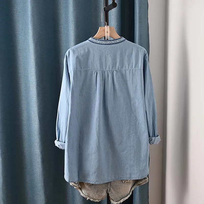 New Spring Cotton Denim Shirt Women O-Neck Long Sleeve Tops Girl Retro Embroidery Commute Loose Blouse 2024 Autumn Coat T43740QM