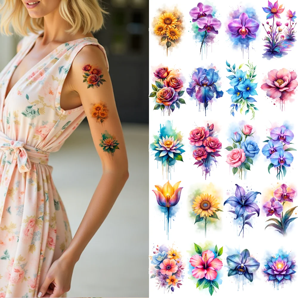 

9pcs Temporary Tattoo Rose Watercolor Sunflower Orchid Waterproof Long-lasting Body Stickers Blue Orchid For Girls Cheeks