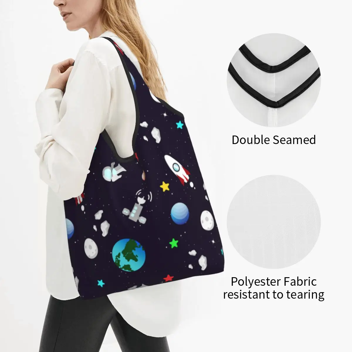 Space Universe Astronaut Groceries Tote Shopping Bag Women Kawaii Galaxy Rocket Planet Shoulder Shopper Bag Big Capacity Handbag