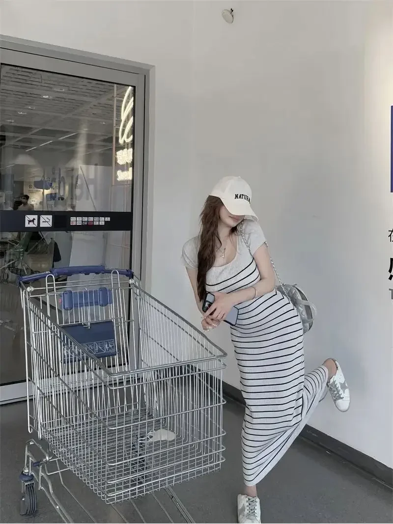 Women Dress Casual Pure Color Contrasting Square Neck Striped Short Sleeved T-shirt Knitted Dresses Summer Vestidos