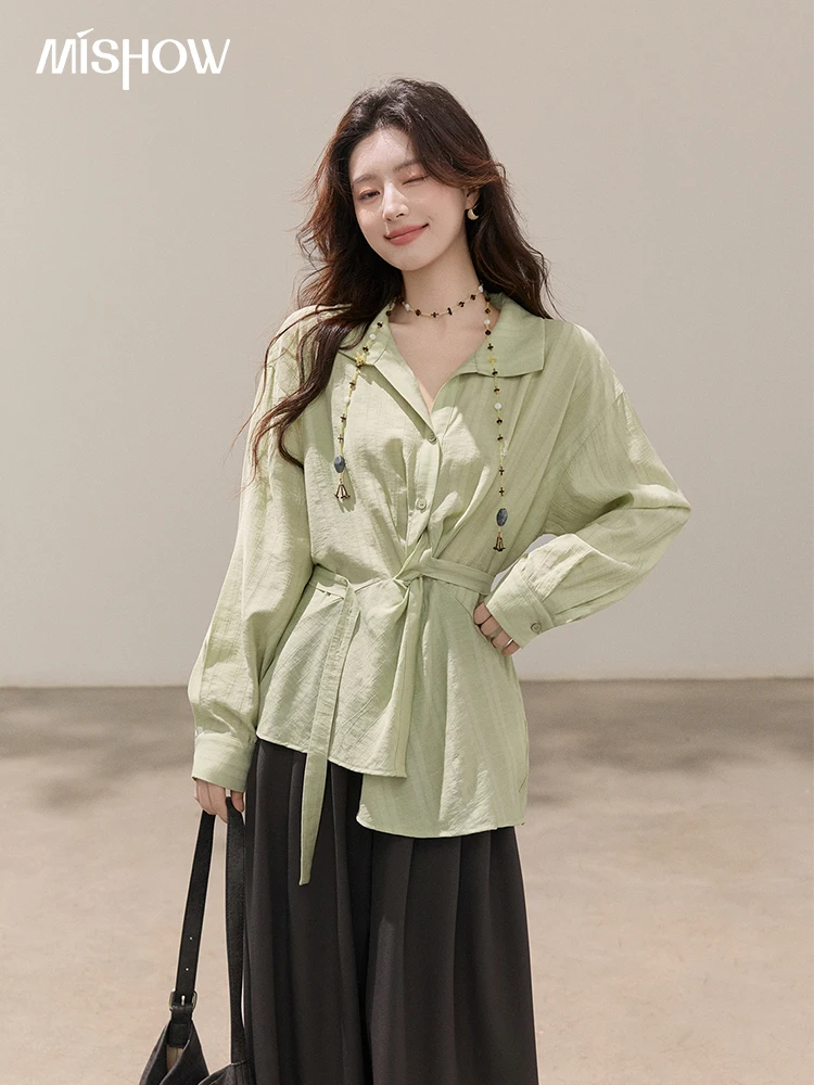 

MISHOW French-style Cinched Waist Collared Shirt Stylish Loose Top 2026 Spring New Multi-color Blouse for Women MXF15C2455