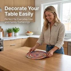 Eco Friendly Hand Woven Cotton Yarn Round Table Mat 30cm Green Anti Slip Heat Insulation Pad for Western Food Soup Plate Bowl
