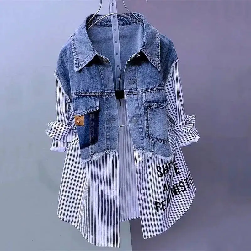 

Fashion Shirt Ladies Tops Women New Splicing Denim Jacket Spring Autumn Korean Casual Jean Coat Female Windbreaker