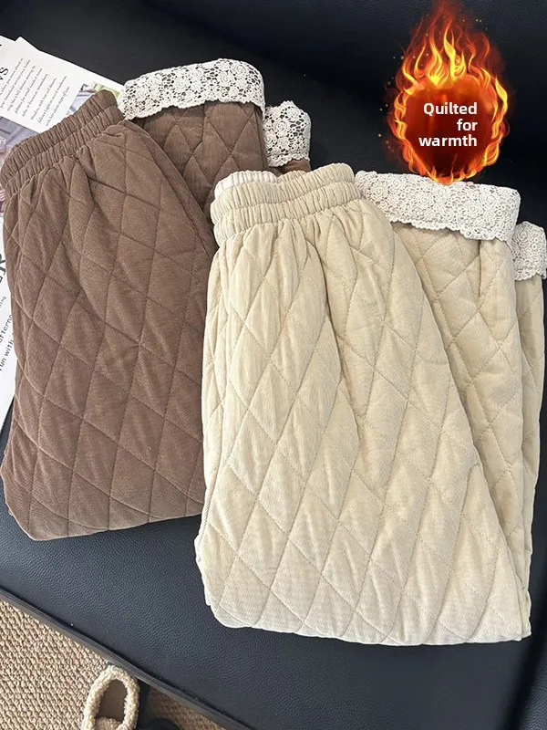 

Женские теплые повседневные брюки-харлан из смесового хлопка с художественным кружевным пэчворком и вельветовыми вставками Diamond ID, больших размеров, для коррекции фигуры