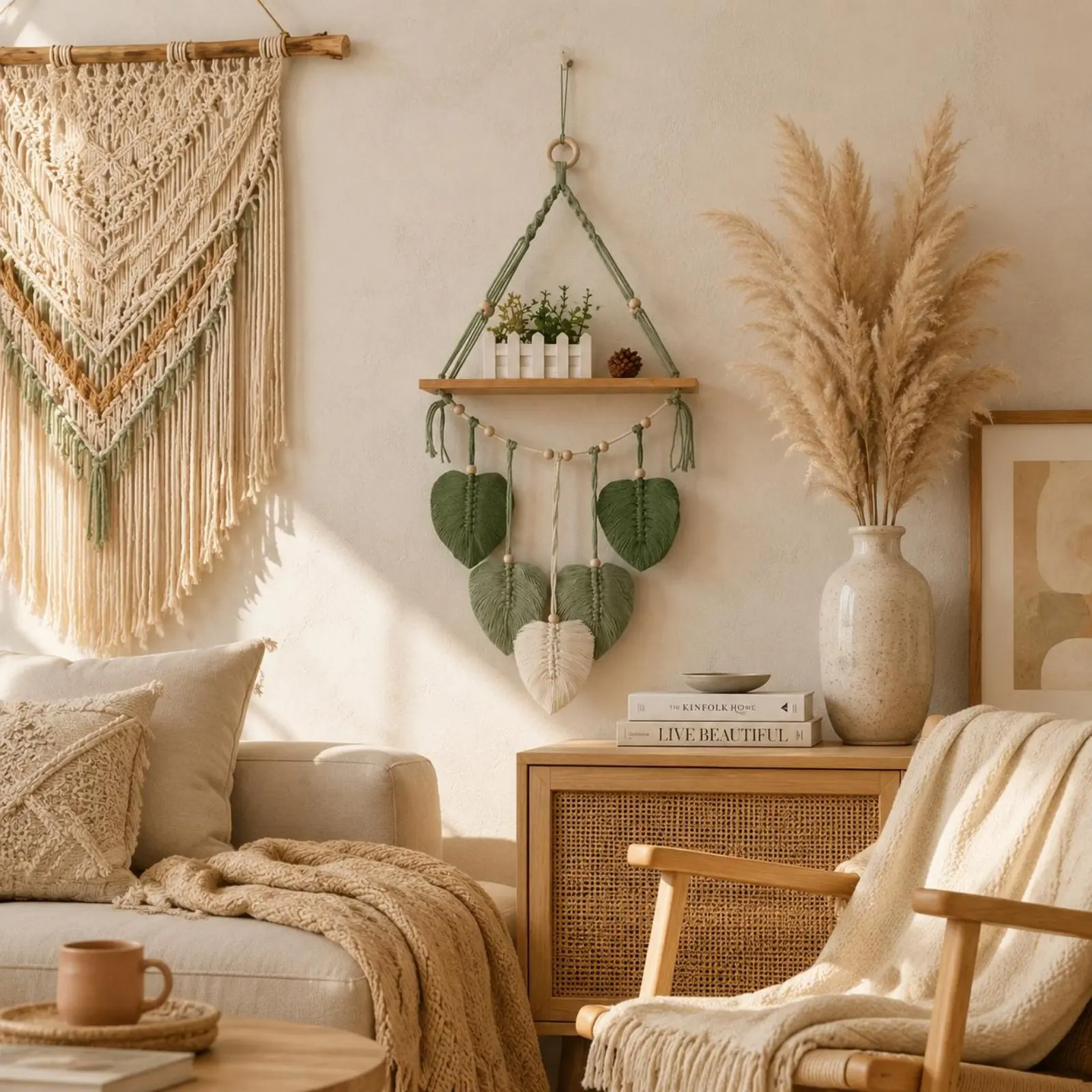 Macrame Wall Shelf Handmade Macrame Hanging Shelf Boho Wall Decor Space Saving Plant Display for Living Room