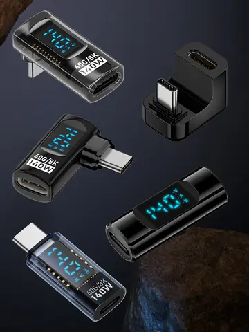 90 Degree USB C Adapter Right Angle U Shape USB4 Type C Adapter 40Gbps with LED Display PD 140W 8K Extender for Thunderbolt 3/4