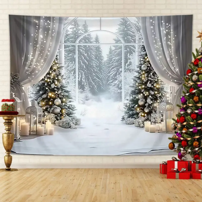 VIKAMA Red Curtain Snow Scene Christmas Tapestry, Elegant Wall Hanging Background Cloth for Dramatic Living Room Decor
