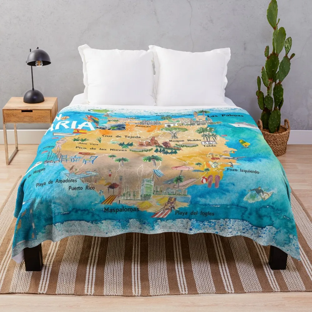 

Gran Canary Canarias Spain Illustrated Map with Landmarks and Highlights Throw Blanket Luxury Thicken Cute Bed linens Blankets