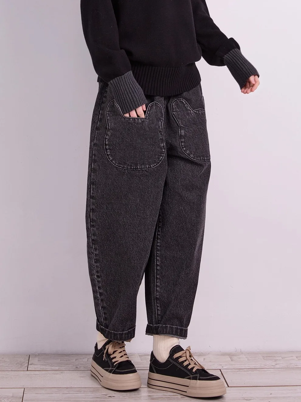 

Оригинальные утолщенные джинсы из чистого хлопка с изогнутым кроем для подростков, повседневные свободные джинсы в стиле Dad Pants, цвет черный угольный