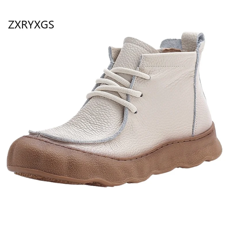 ZXRYXGS 2025 New Autumn Lace-up Top Cowhide Round Head Loose and Comfortable Flat Boots Trend Shoes Women Genuine Leather Boots