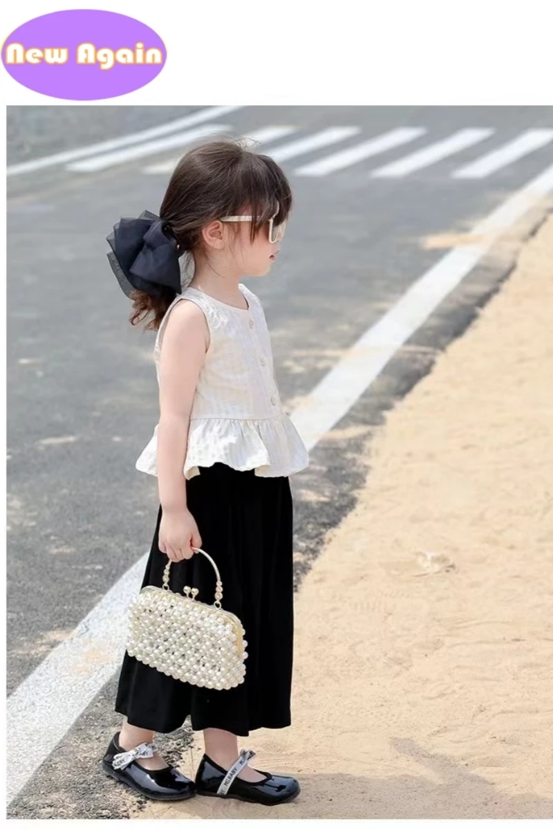 Girls handmoven beaded pearl handbags Children's Chic chain totes Kids princess crossbody bags Teenagers Shoulder Bags NA013