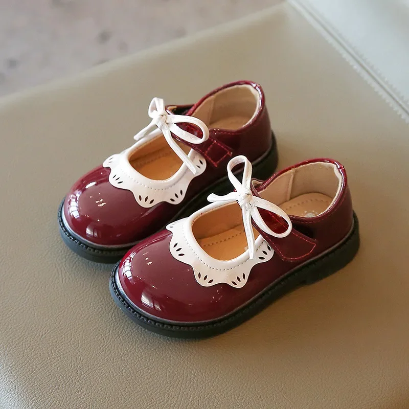 Shoes for Kids Girls Princess Shoes Wine Red Black Ruffles Elegant Patent Leather Bowknot Children Flat Shoes Girl Toddlers