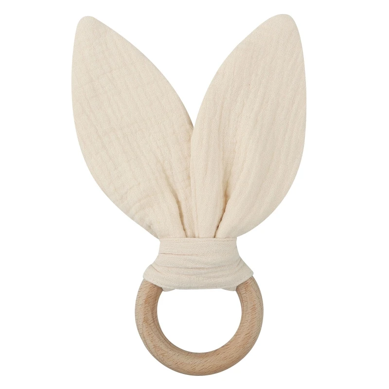 Wooden Baby Teether Cotton Cloth Rabbit Ear Teething Ring Rodent Rattle Toy for Newborn Boys Girls Appease Chewing Gift P31B