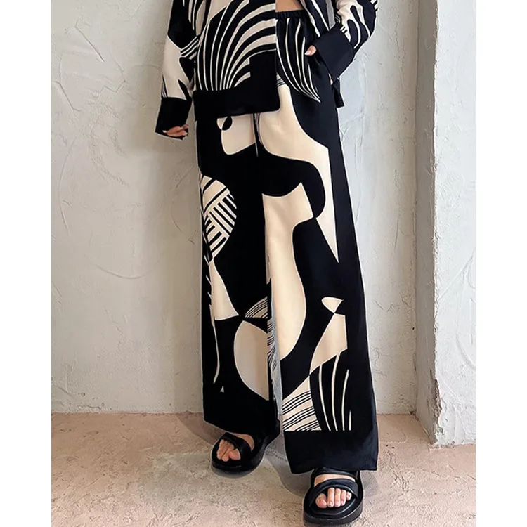 Casual Print Shirt Women 2 Piece Set Elegant Loose Long Sleeve Shirts Wide Leg Pants Female Suit 2024 Summer Fashion Lady Outfit