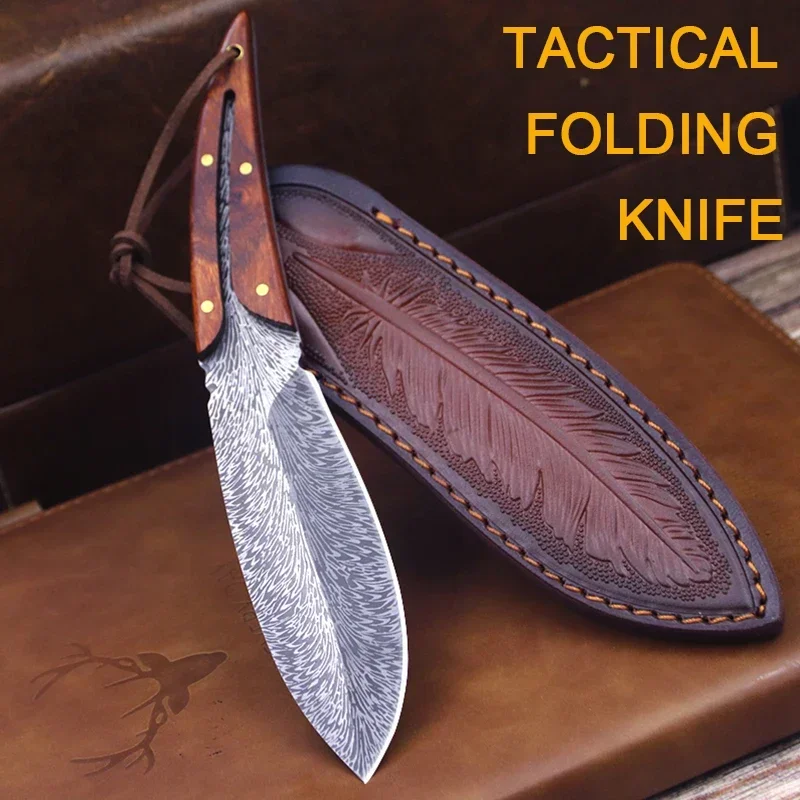 Hand forged feathered outdoor hunting knife VG10 steel core Damascus steel Carry-on knife Camping adventure straight knife