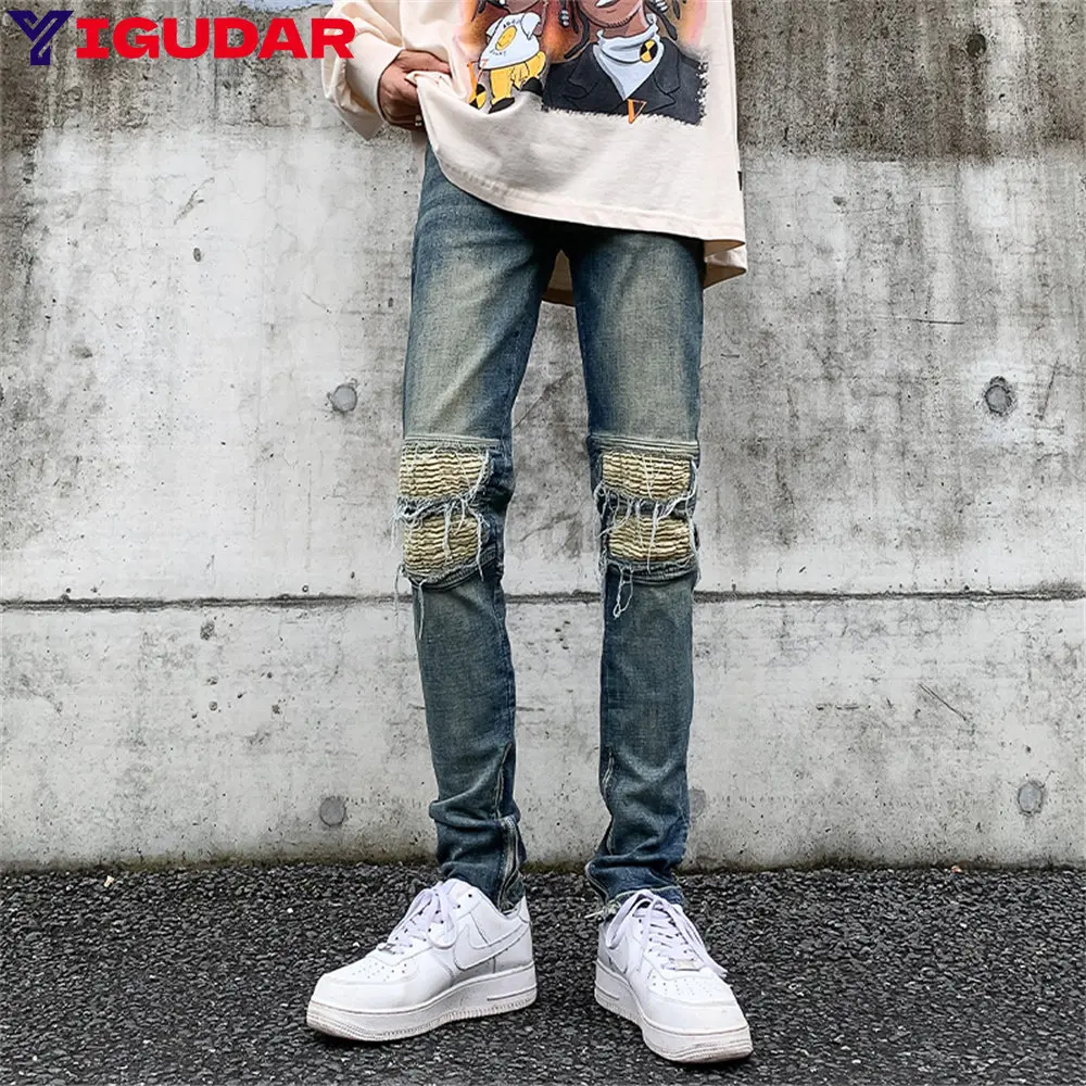 

American 2023 New Spring Summer Ripped Skinny Jeans Men Stretch Cotton Knee Broken Hole Denim Pants y2k streetwear pantalones