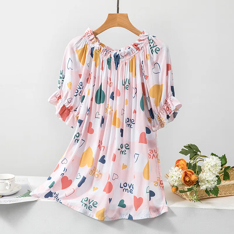 Pajamas Women Short-Sleeved Doll Nightgown Plus Size Rayon Sweet Printing Letters Homewear School Nightgown Pink Sleepwear