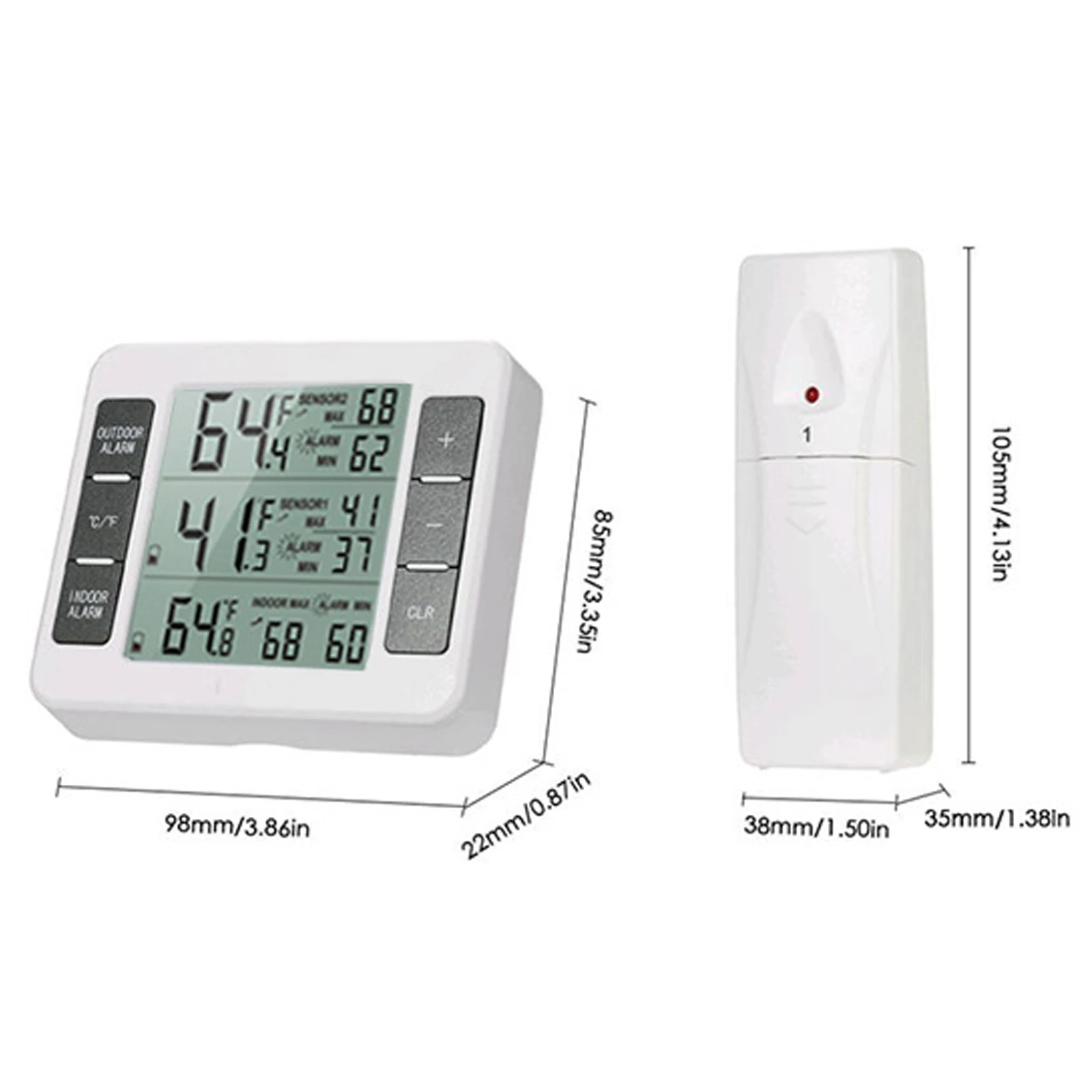 Wireless Digital Freezer Alarm Thermometer Fridge Home Indoor Outdoor 2 Sensors Thermometer Clock Gray Battery Powered