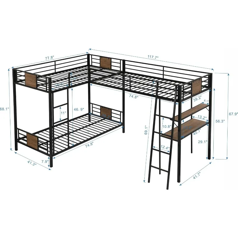 L-Shaped Metal Corner Bunk Bed with Two Ladders, Twin Over Twin Bunk Bed with Twin Loft Bed w/Desk and Shelf