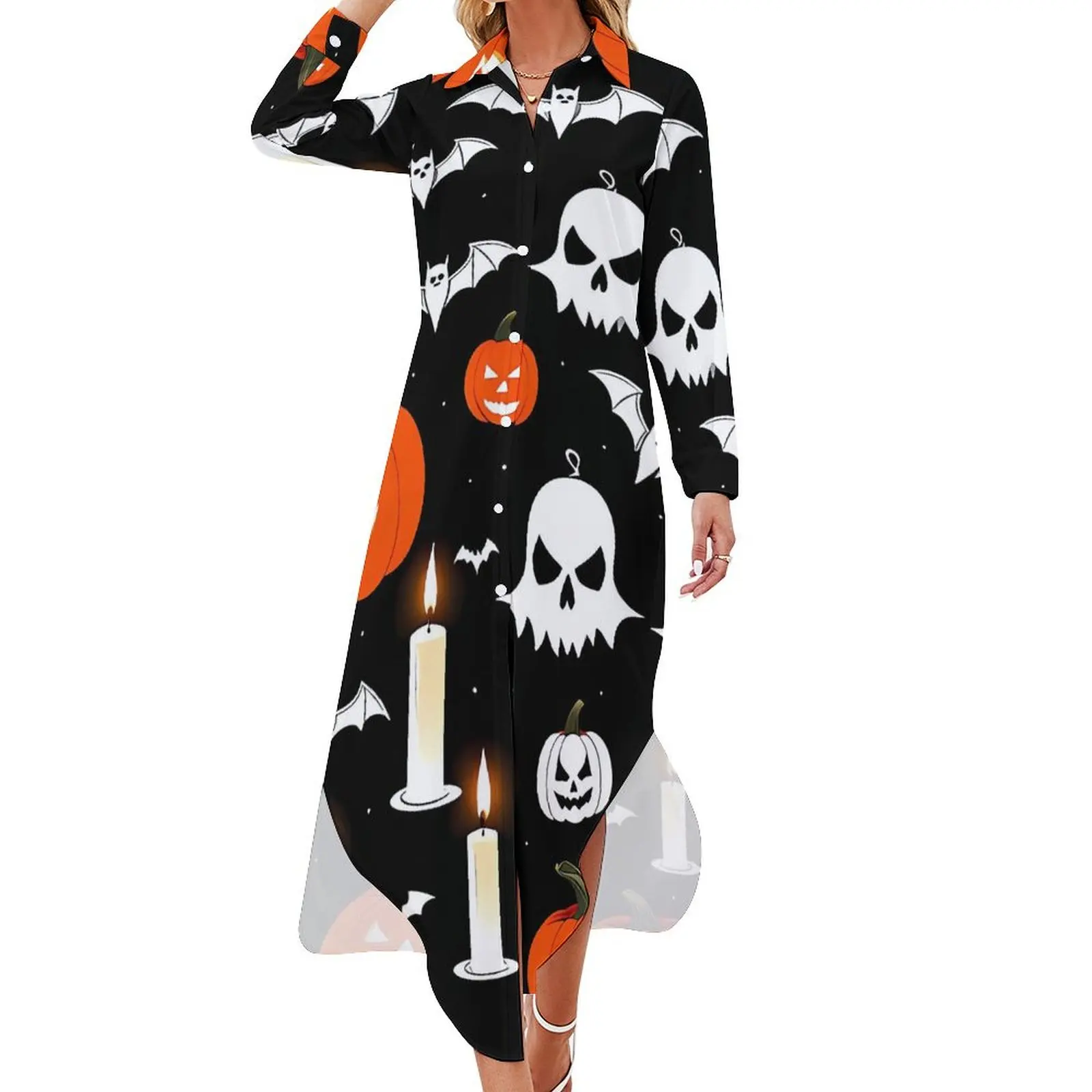 

Halloween Happy Haunts Chiffon Dress Pumpkins Skulls Bats Dresses Woman Long Sleeve Aesthetic V Neck Print Big Size Casual Dress